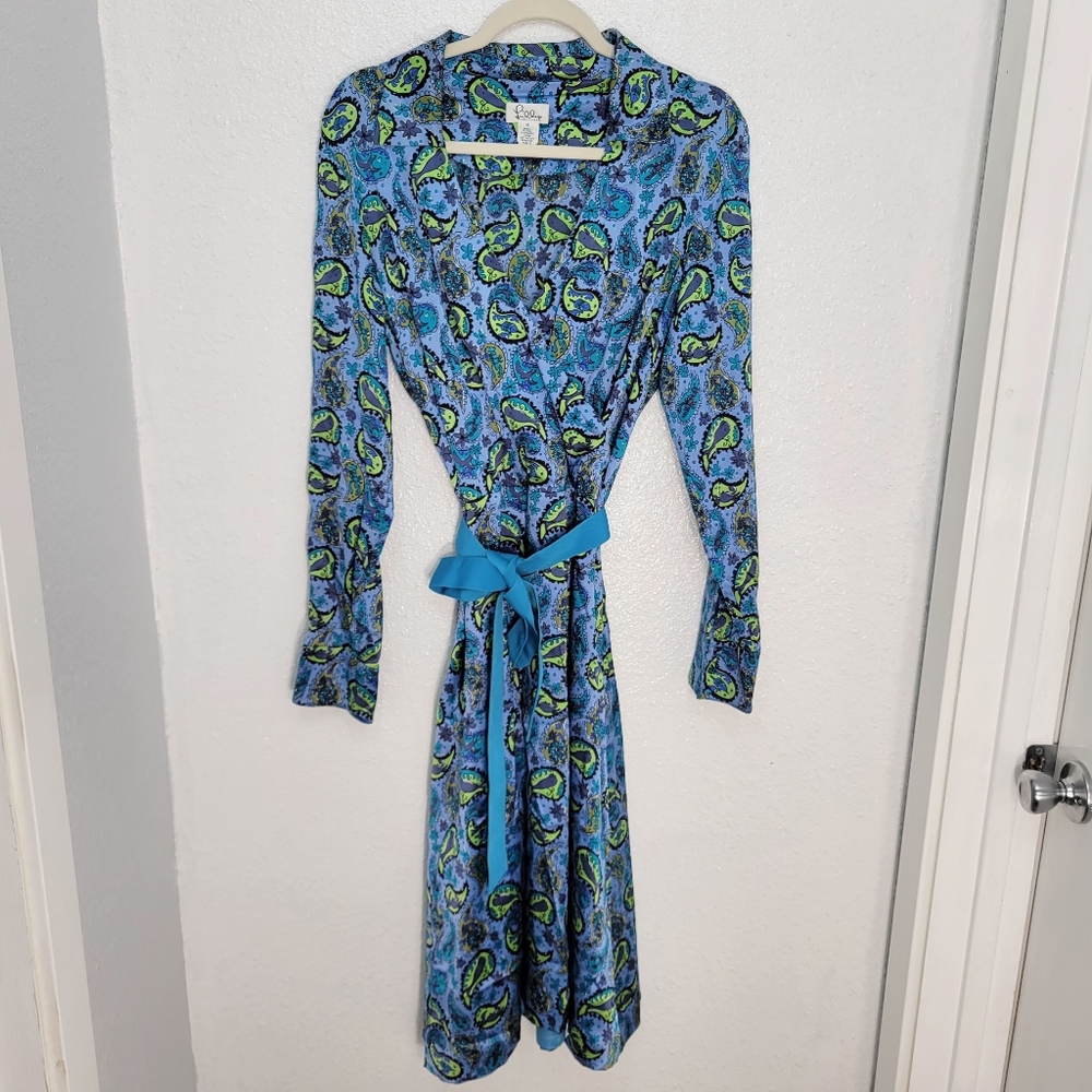 Vintage Lilly Pulitzer Silk Maxi Dress 12 Blue Paisley Long Sleeve Wrap